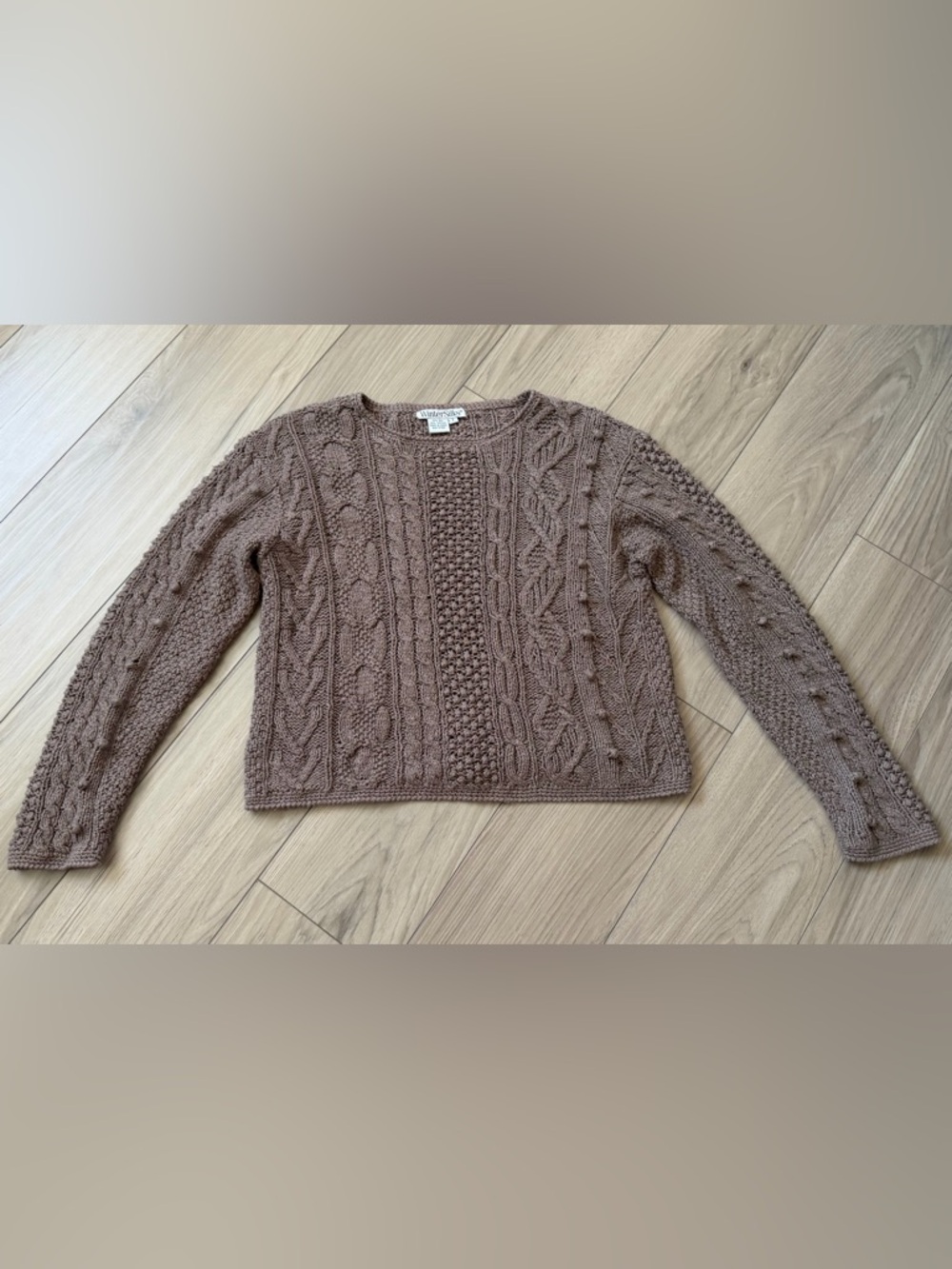 WinterSilks Textured Chunky Cable Crewneck Silk Blend Sweater - Taupe Lt Brown S